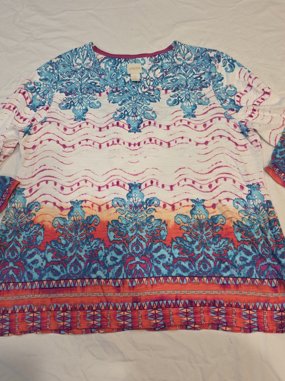 Chicos Size 2 (Size 12) Bright Blue bohemian, hippie Style Women's Top 3/4 Slve